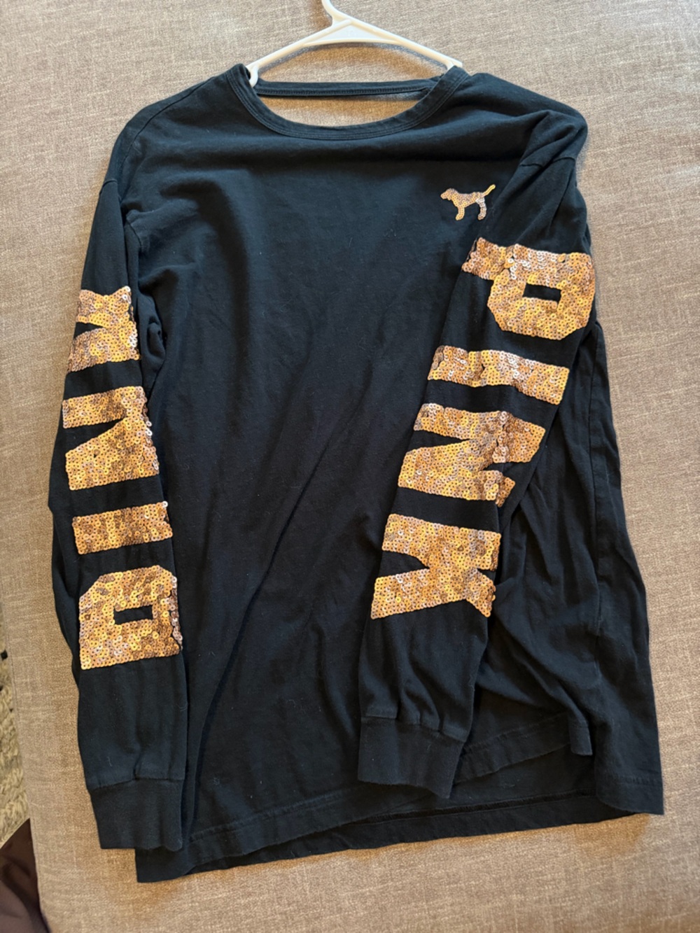 Black Long Sleeve Tee with Rose Gold Sequin Logo & Sleeve Text